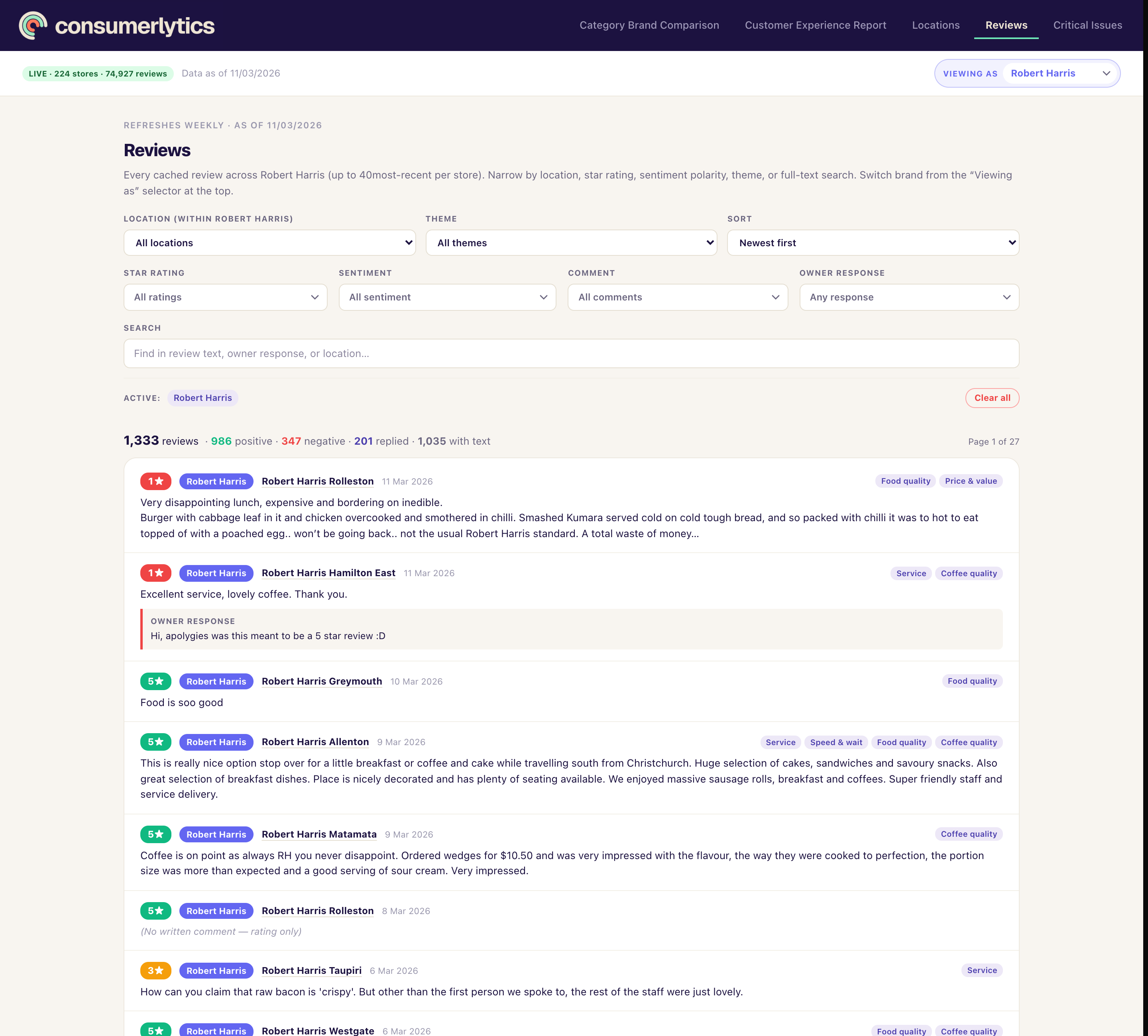 Reviews feed with multi-select filters